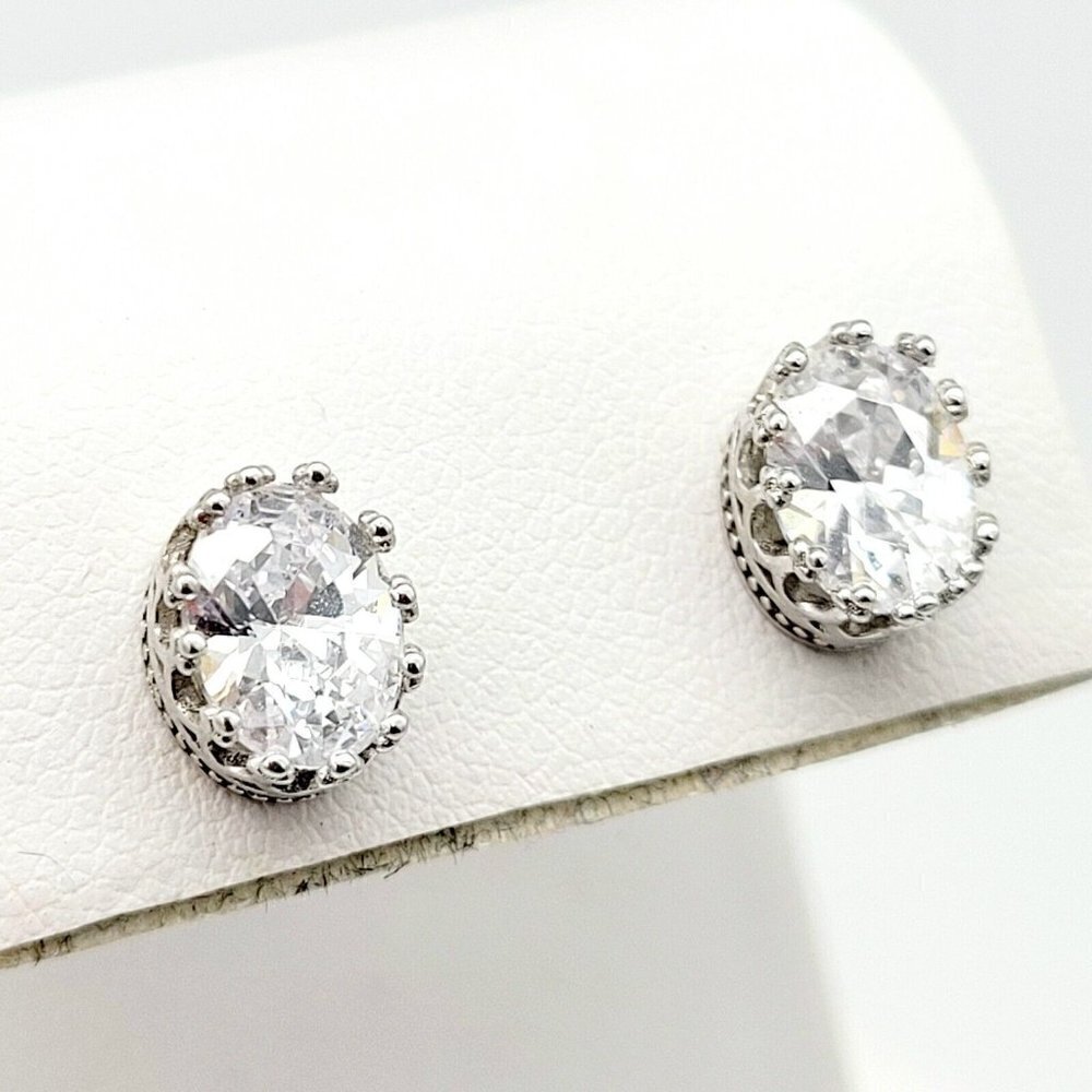 925 Sterling Silver Oval Crown Cubic Zirconia Earrings Stamped & Tested 2.31 Gr